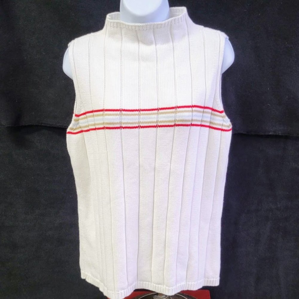 LIZ CLAIBORNE Lizwear Jeans Sleeveless Striped Sweater White w/red&tan stripes L